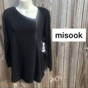 NWT Exclusively Misook Studded Blouse XS Top Asymmetrical V Neck Long Sleeve